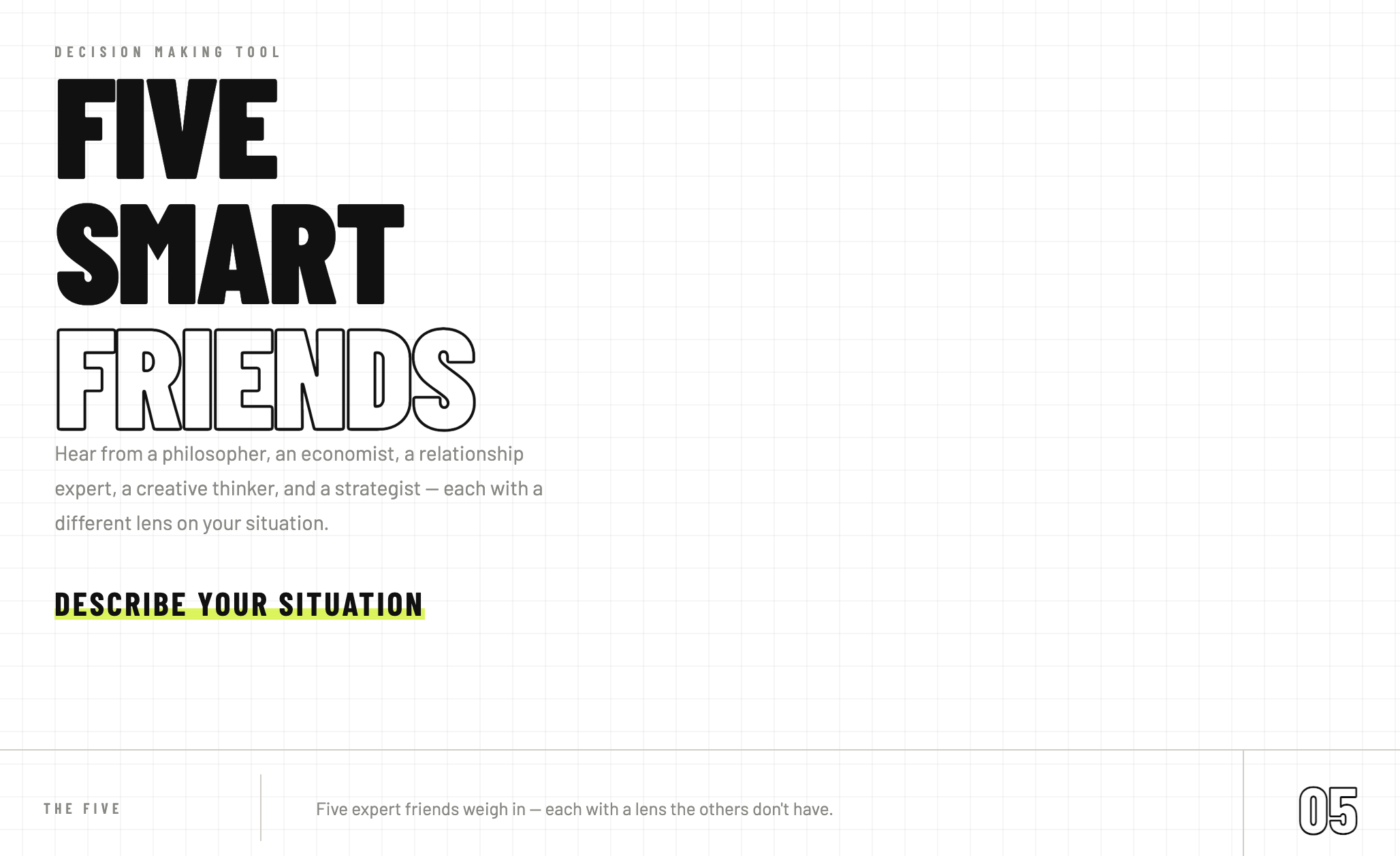 Five Smart Friends landing page — hero section with bold typography and grid-paper texture