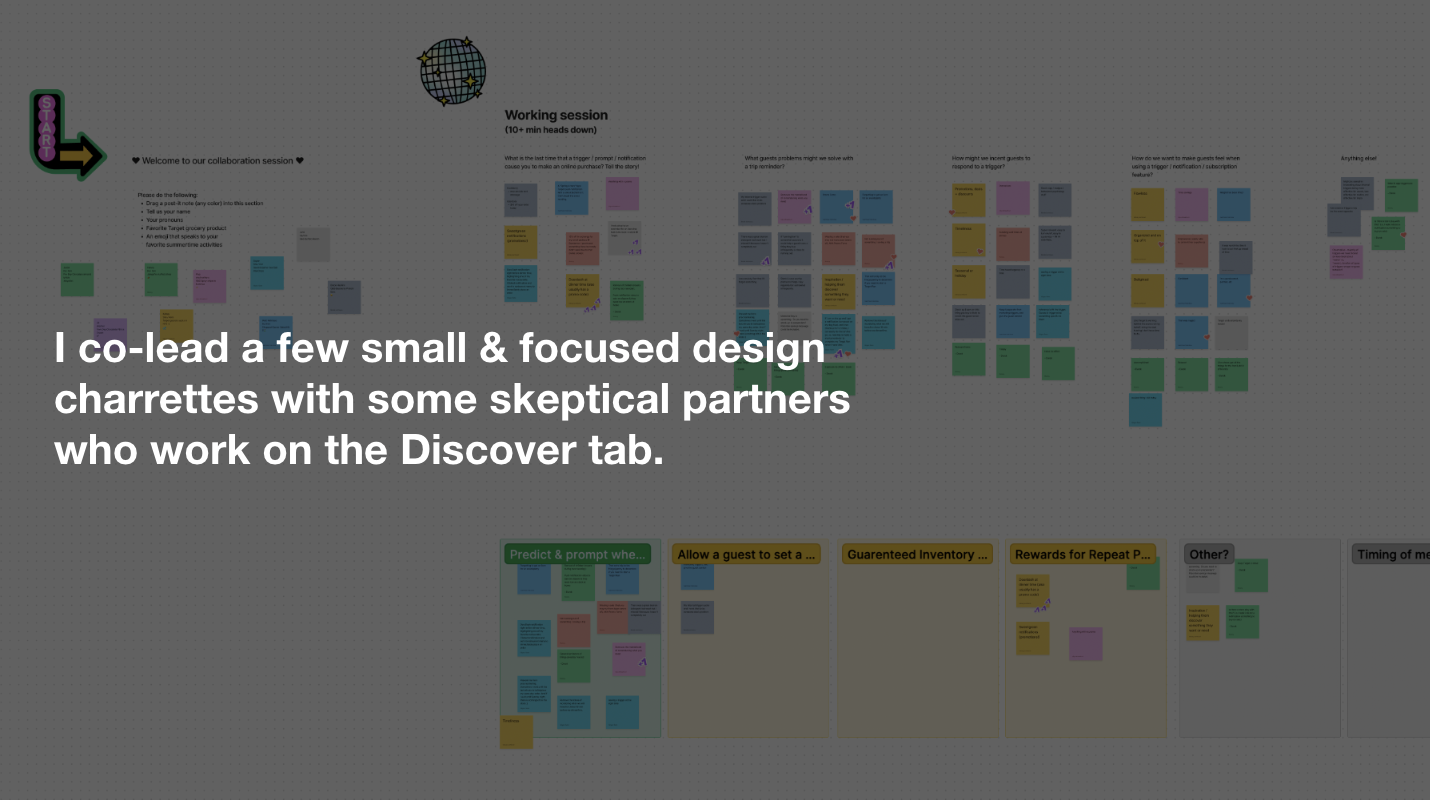 Working session with sticky notes — design charrettes co-led with skeptical Discover tab partners