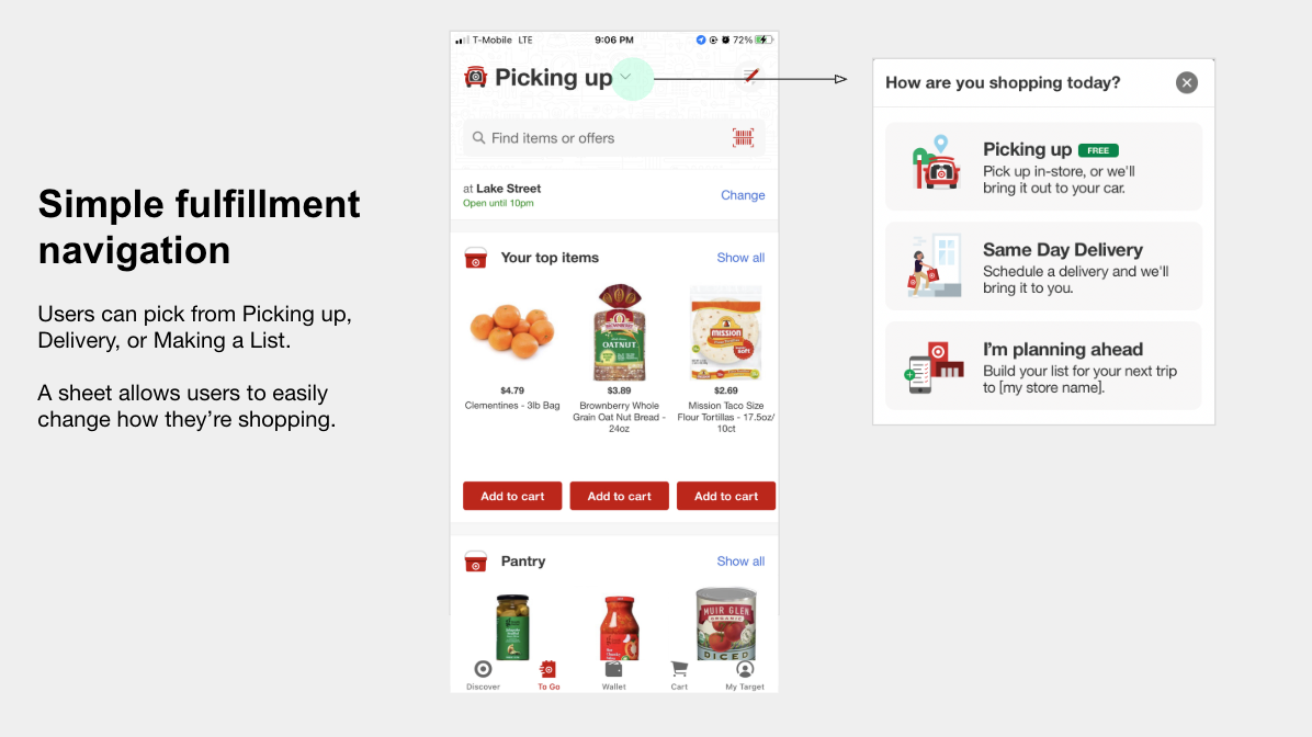 Simple fulfillment navigation — the shop view alongside the fulfillment selection sheet showing Picking up, Same Day Delivery, and Making a List