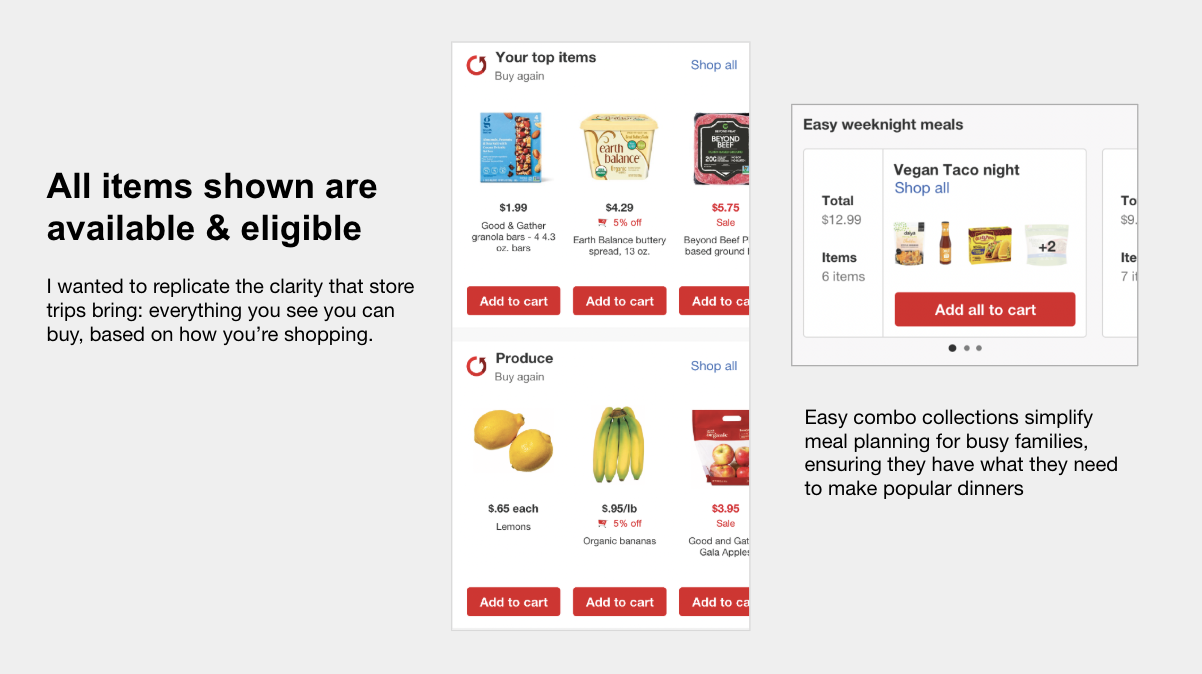 Personalized carousels showing all available and eligible items alongside easy weeknight meal combo collections