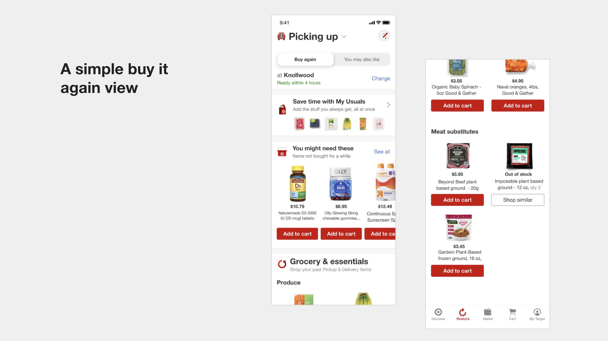 Two views of the refreshed experience — a simple buy-it-again view alongside personalized discovery with smart recommendations