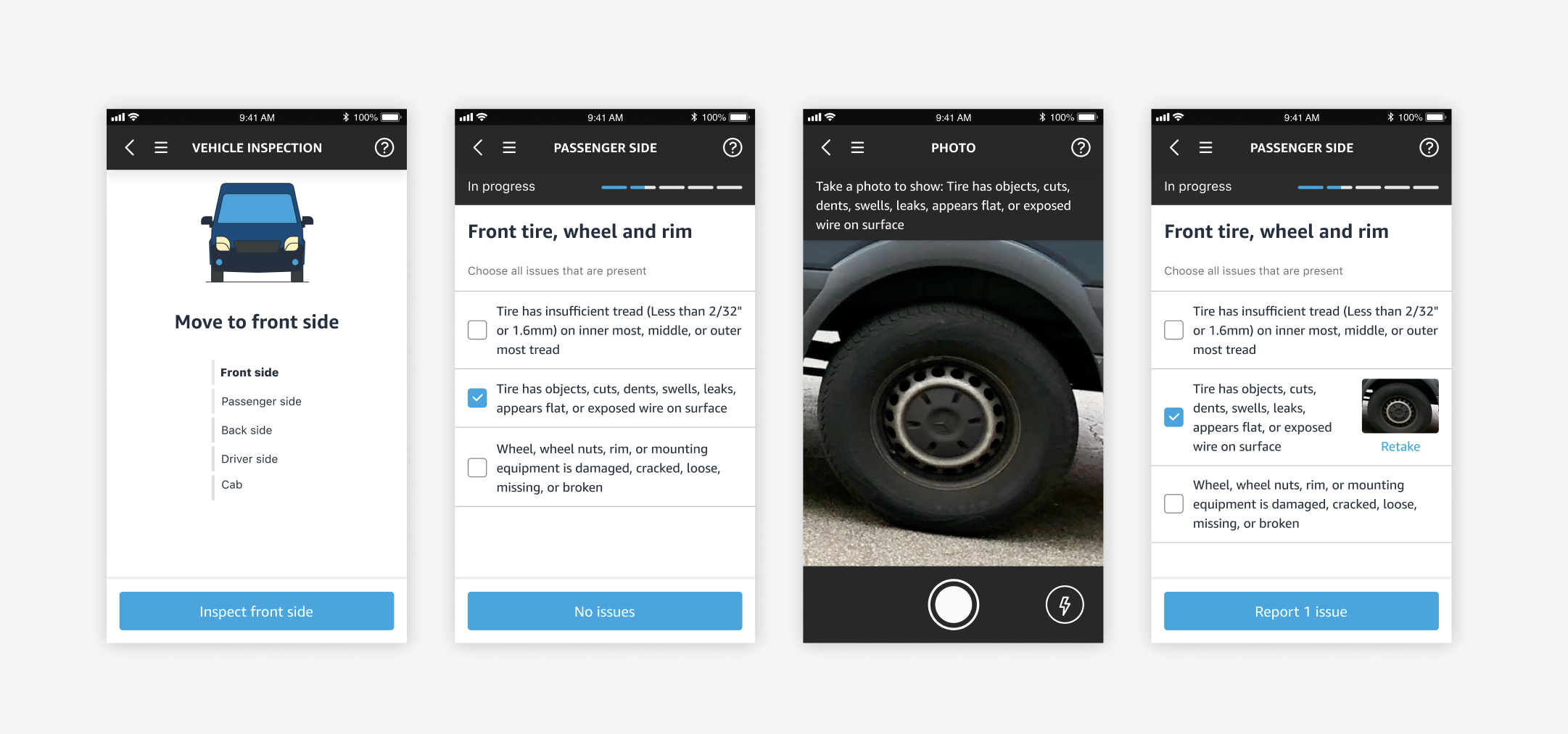 DVIC photo addition flow — navigate to vehicle side, checklist with defects, camera capture, report with photo thumbnail
