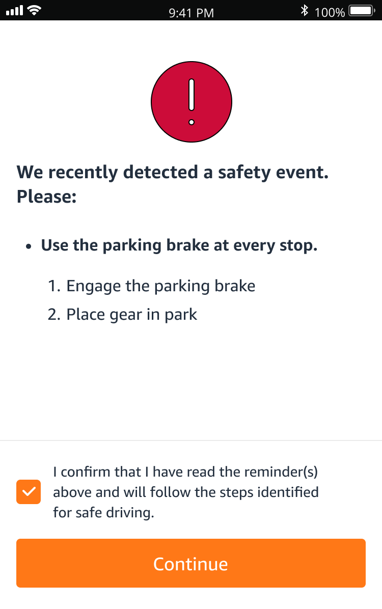 At Stop Notification on phone — safety event detected, reminder to use parking brake
