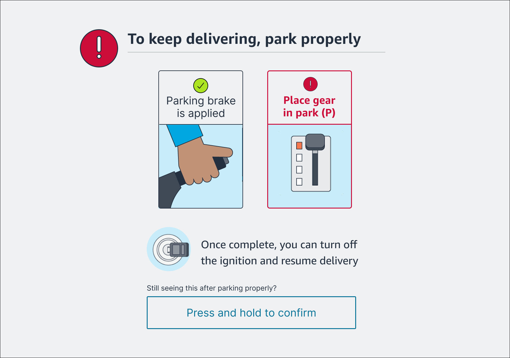 Tablet warning: parking brake applied (green), gear not in park (red)