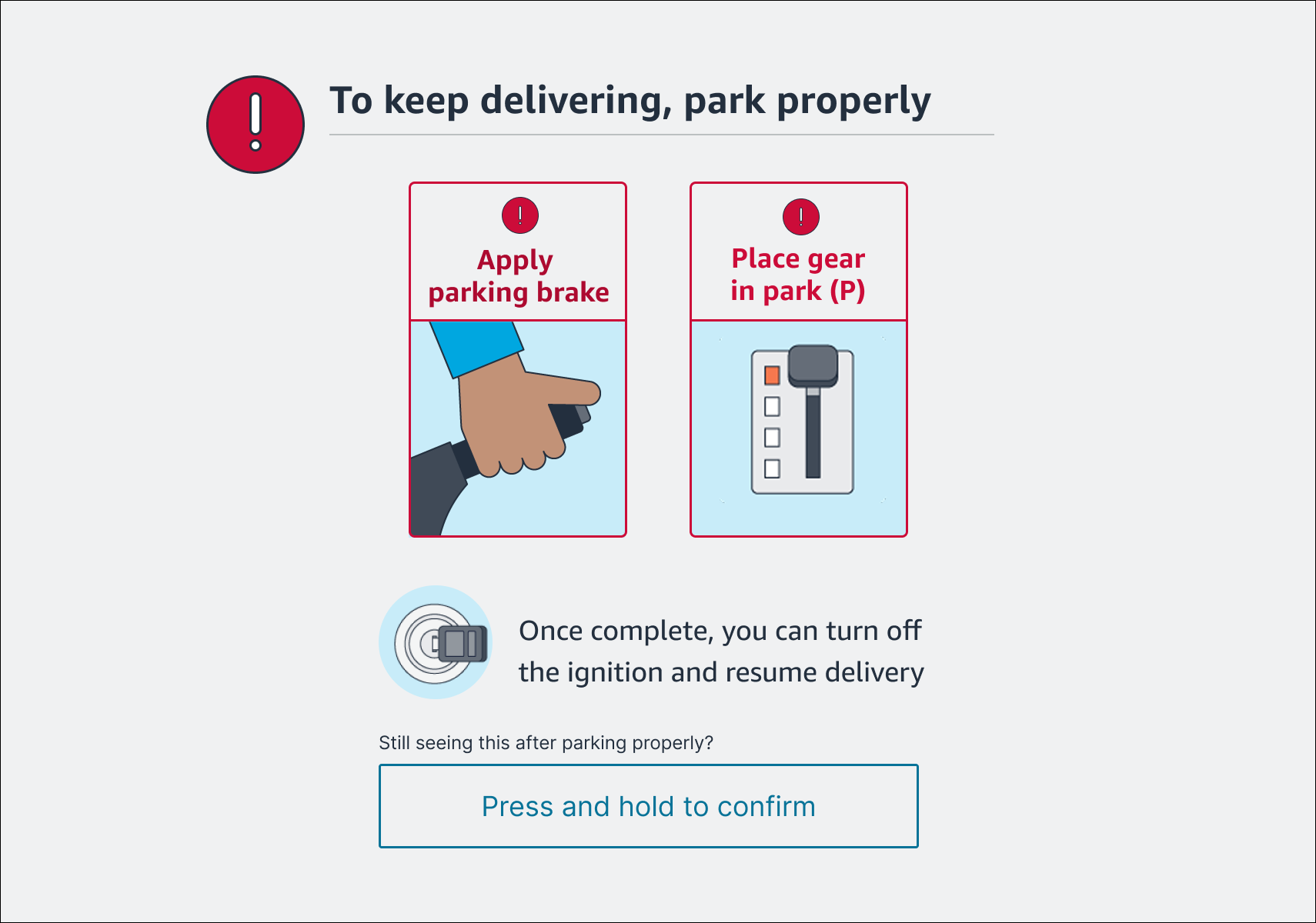 Tablet warning: neither parking brake nor gear in park — both red
